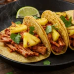 Tacos AI Pastor: Crispy homemade Tacos Al Pastor with charred pineapple and fresh cilantro on slate board
