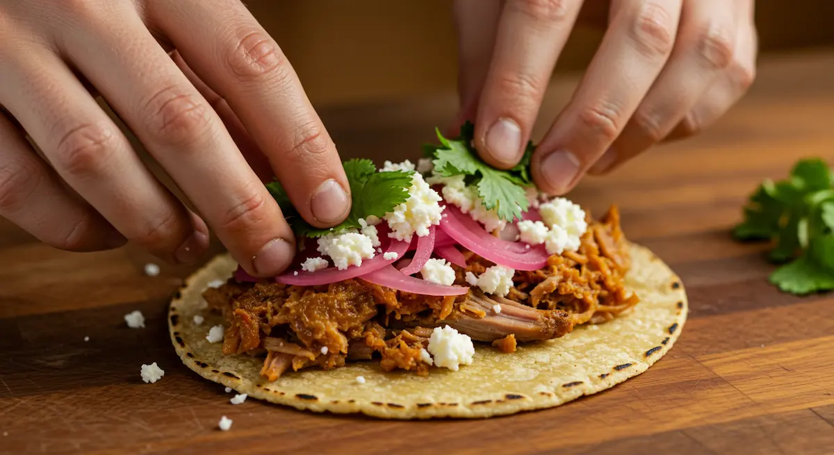 Assembling homemade carnitas tacos with crispy pork and pickled onions