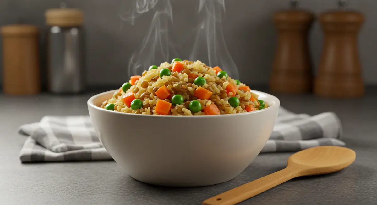 Steaming garlic lentil rice served with wooden spoon