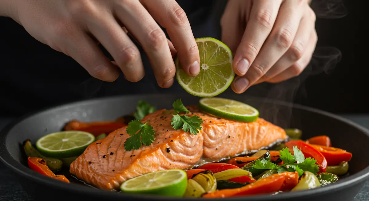Chef’s hands adding fresh herbs to diabetic-friendly salmon