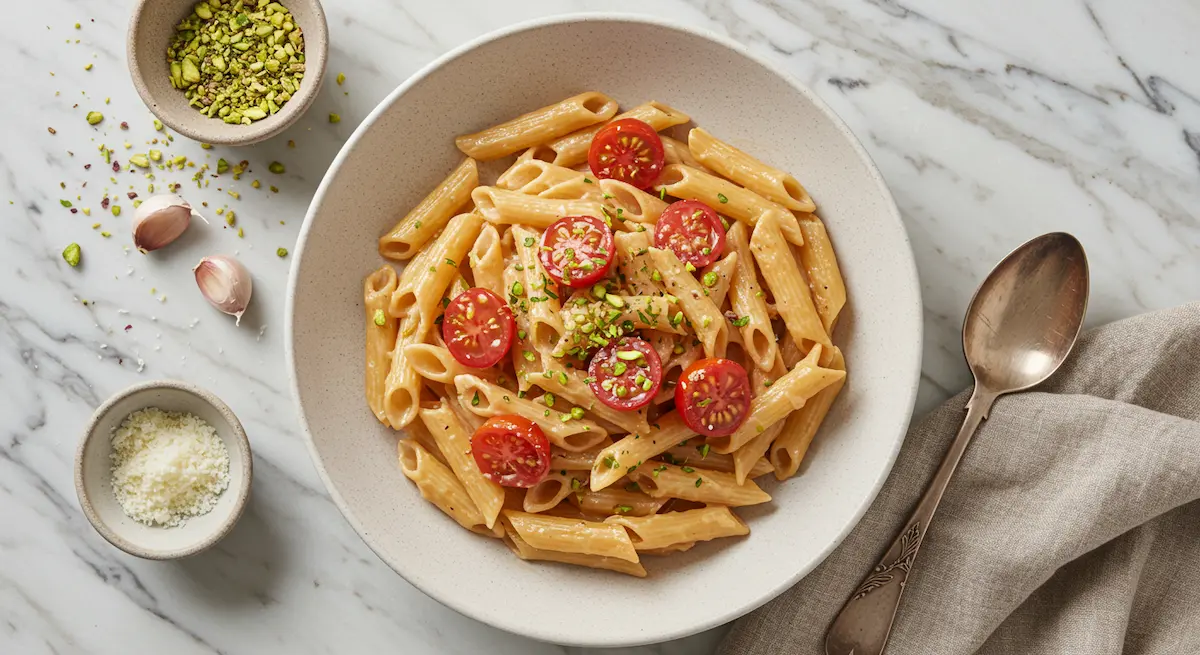 Bowl of creamy garlic tomato pasta on marble counter