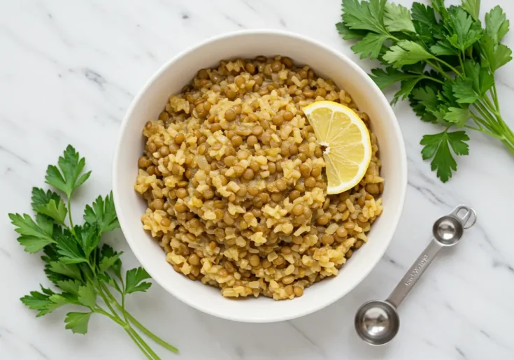 Recipe card image of garlic lentil rice with lemon