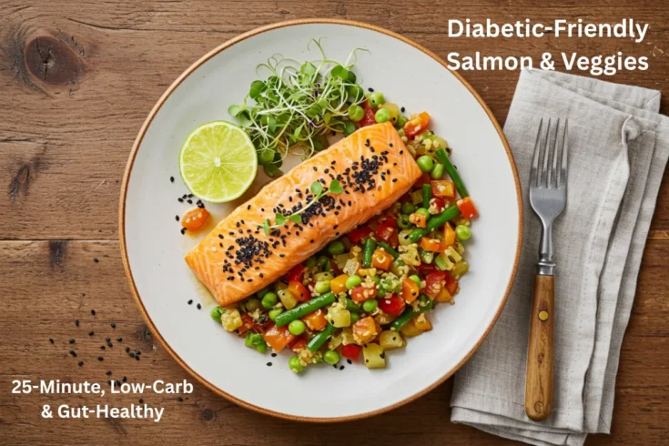 Plated diabetic-friendly salmon with crispy veggies