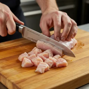 Dicing chicken breast into small pieces for kid-friendly nuggets