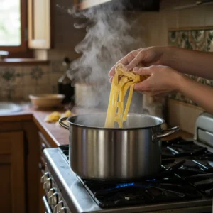 Pouring pasta into boiling water