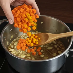 Adding diced carrots, turmeric, and paprika to the sautéed mix
