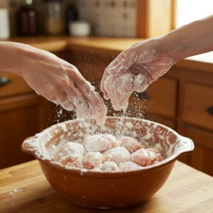 Coating chicken pieces in seasoned flour for crispy texture
