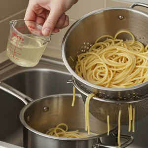 Reserving pasta water into cup