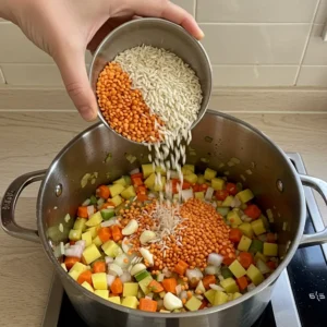 Pouring uncooked rice and red lentils into the pot