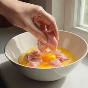 Chicken pieces dipped in beaten eggs for breading adhesion