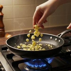 Sautéing garlic and onions in pan