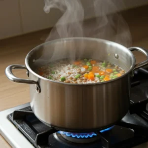 Simmering the mixture of rice, lentils, and veggies in water