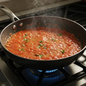 Simmering tomato sauce in pan