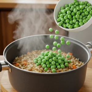 Green peas being added to hot lentil rice for final steaming
