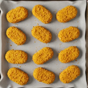 Breaded chicken nuggets arranged on a baking tray