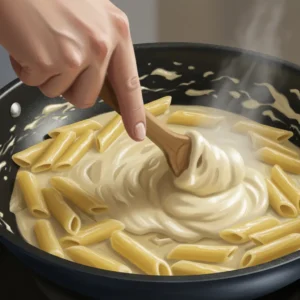 Stirring pasta and sauce together