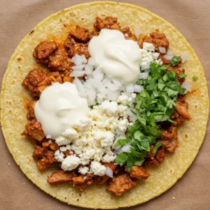Assembling crispy carnitas tacos with toppings