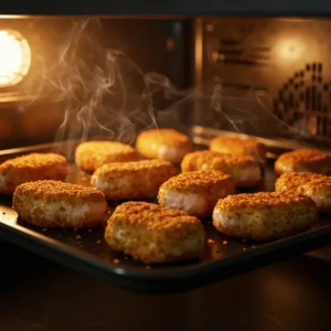 Golden-brown chicken nuggets baking in the oven
