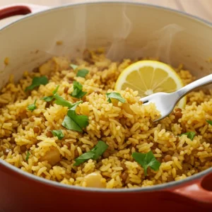 Fork fluffing lentil rice garnished with lemon and herbs