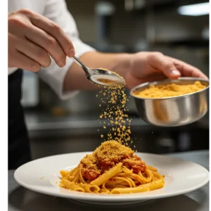 Sprinkling breadcrumbs over pasta