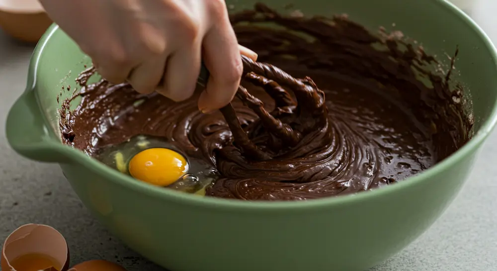 Mixing thick brownie batter in ceramic bowl