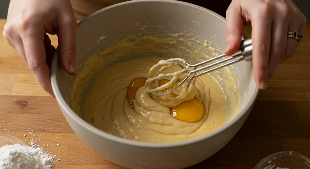 Mixing batter for cauliflower nuggets in ceramic bow
