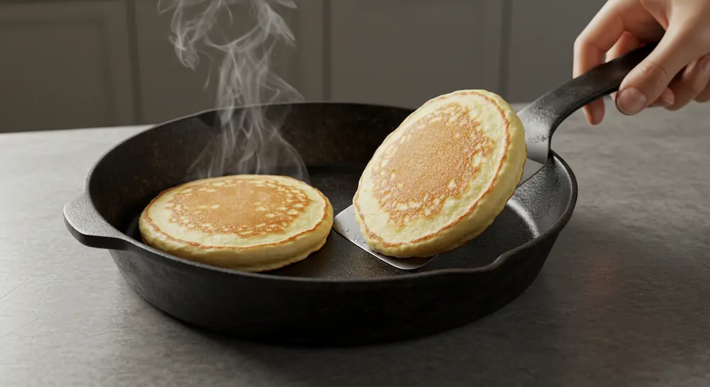 Pancake cooking in skillet mid-process