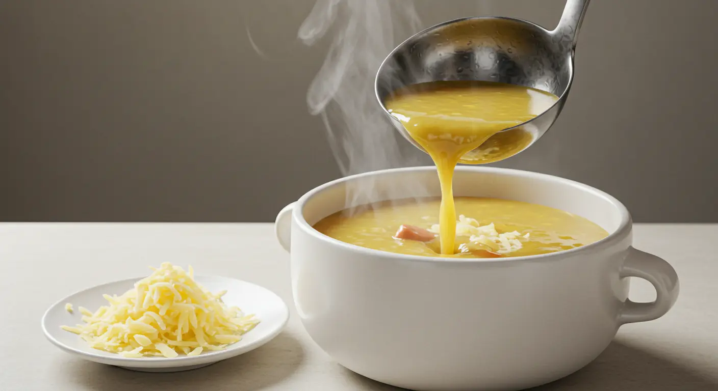 Ladling soup into a bowl with cheese ready