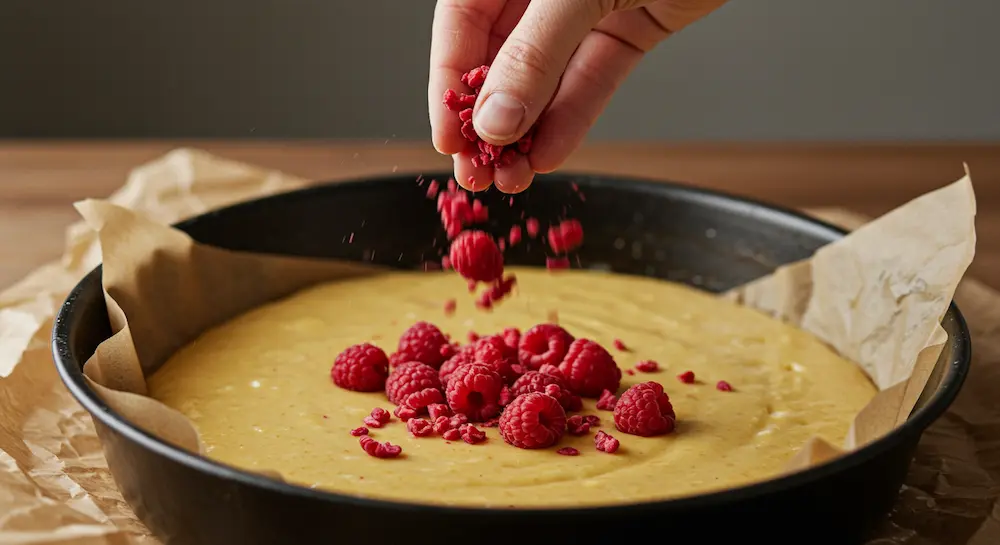 Sprinkling crushed raspberries over brownie batter