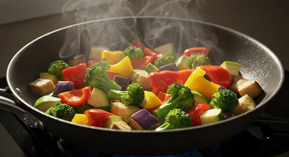 Stir-frying mixed vegetables in a pan for ramen