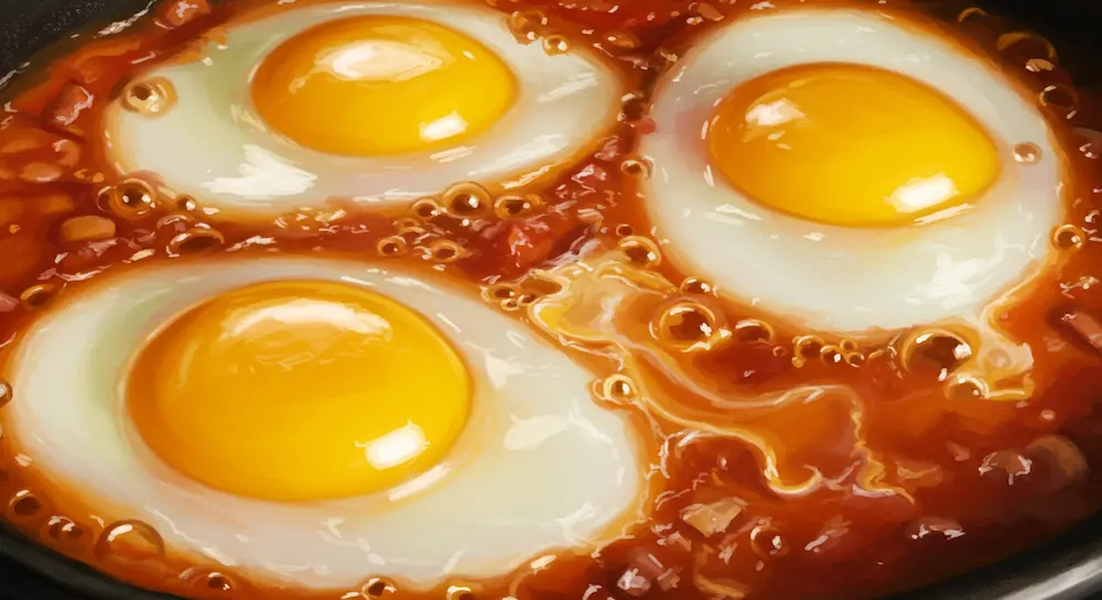 Adding eggs to the shakshuka sauce in a cast iron skillet