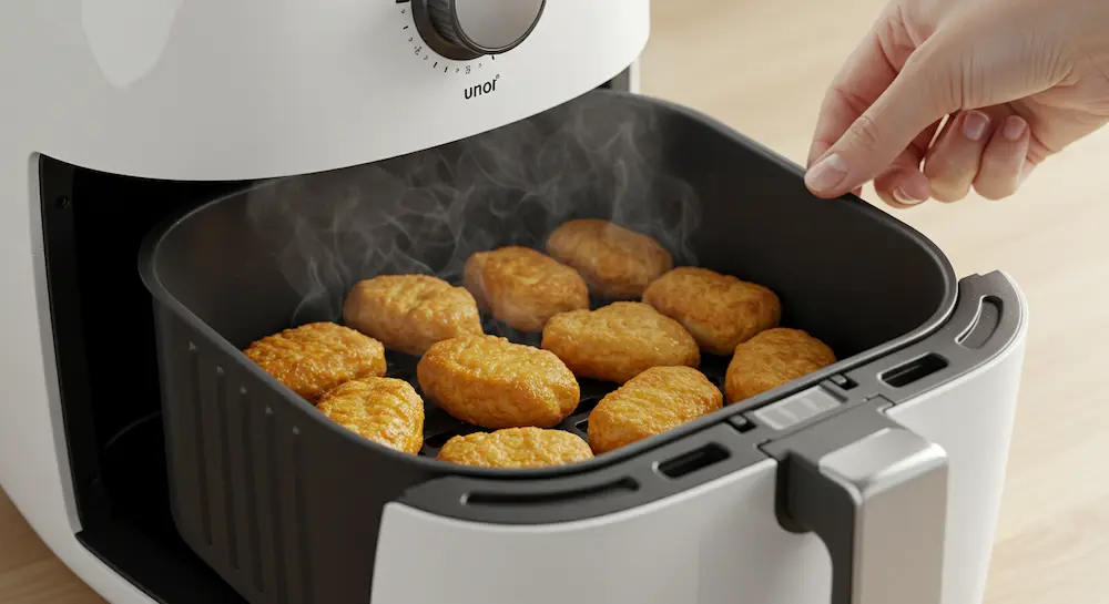 Cauliflower nuggets cooking in air fryer basket
