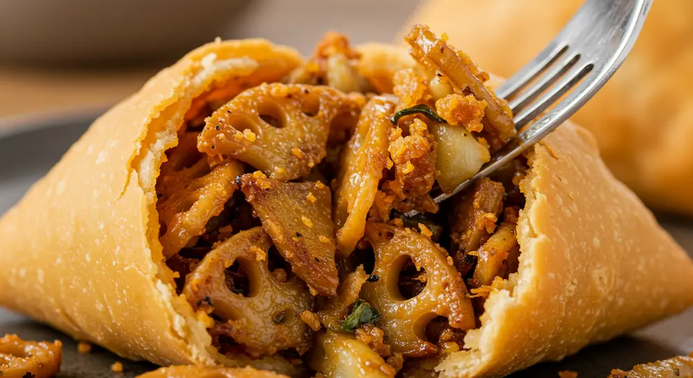 Close-up of samosa filling with crispy lotus stems