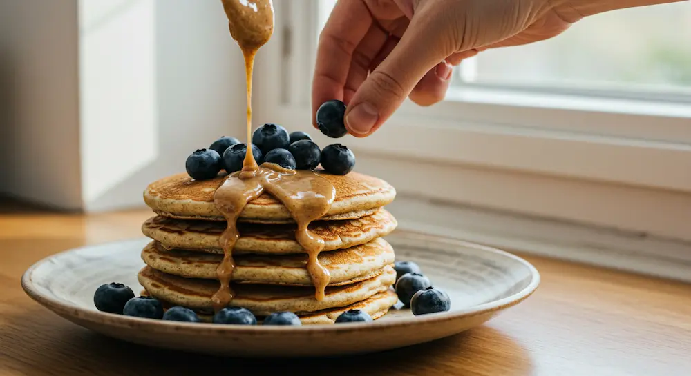 Hand garnishing pancake stack