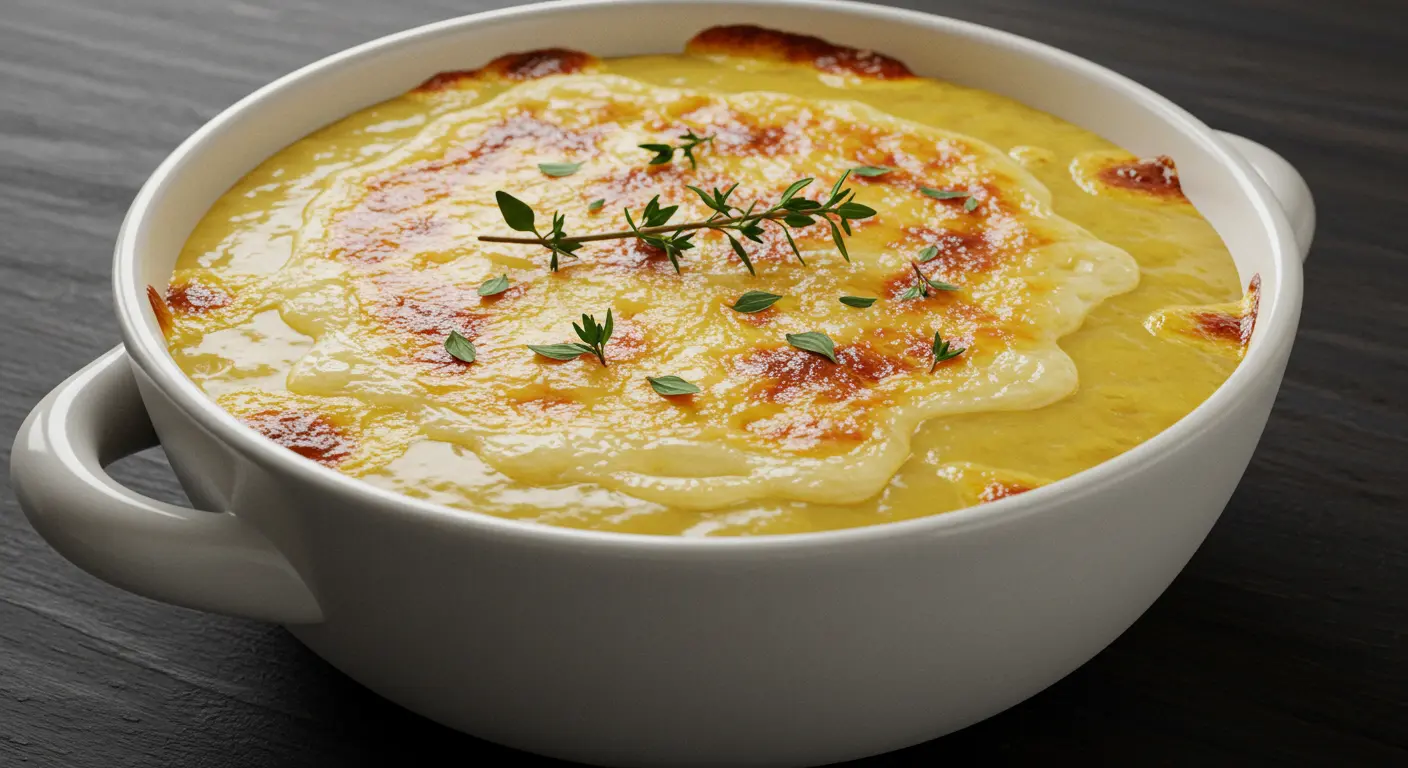 Finished French onion soup with thyme garnish