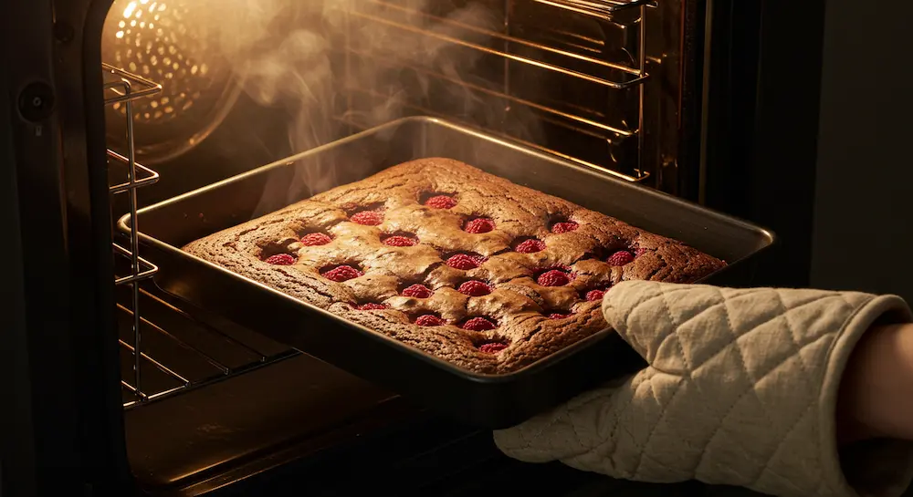 Freshly baked brownies cooling in pan