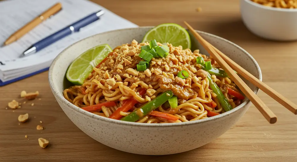 Finished ramen stir fry plated with garnishes