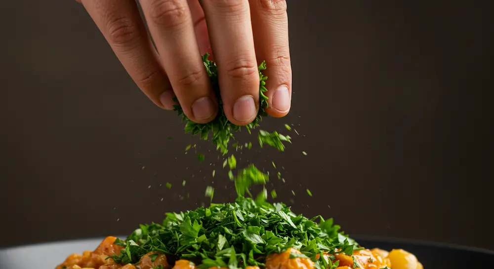 Garnishing finished shakshuka with fresh chopped parsley or cilantro