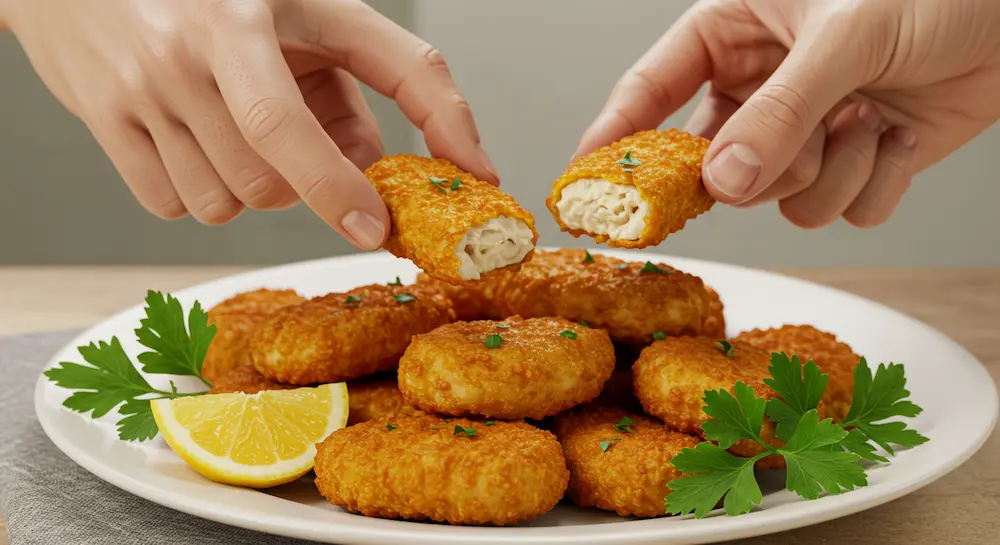 Plated crispy cauliflower nuggets with garnish