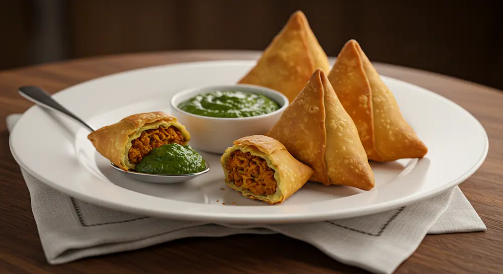 Samosas plated with chutney and napkin
