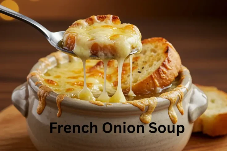 Close-up of French onion soup with cheese and bread