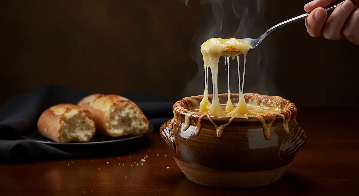 Close up of a ceramic crock of french onion soup with cheese pull on dark wood table