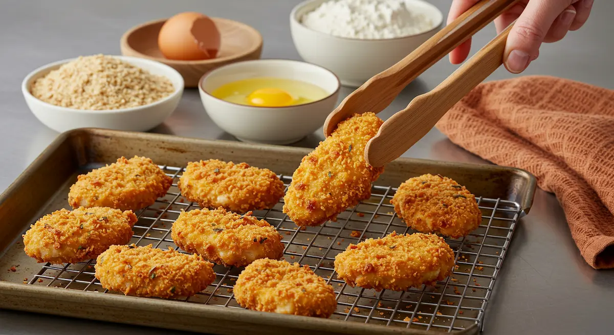 Crispy, golden-brown baked chicken nuggets being lifted with tongs from a baking sheet, showing a healthy alternative to fast food
