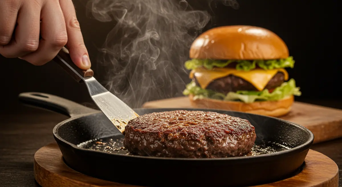 Close up of hand smashing burger patty on skillet with crispy edges