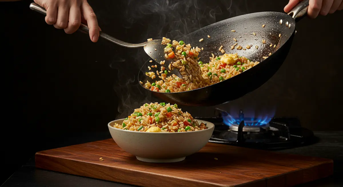 Action shot of fried rice being served from wok to bowl with spatula