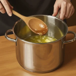 Stainless steel pot with butter and olive oil for caramelizing onions