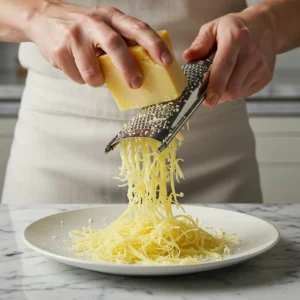 Hands grating Gruyère cheese for French onion soup topping