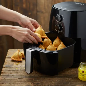 Samosas being placed in an air fryer for crispy results