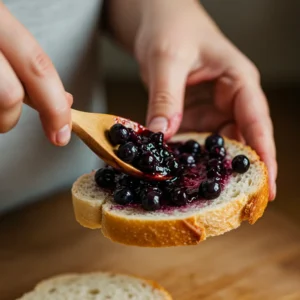 Mother's hand mashing fresh blueberries with wooden spoon for sandwich