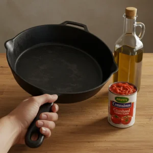 Cast iron skillet and ingredients for making an easy shakshuka recipe on a wooden table.